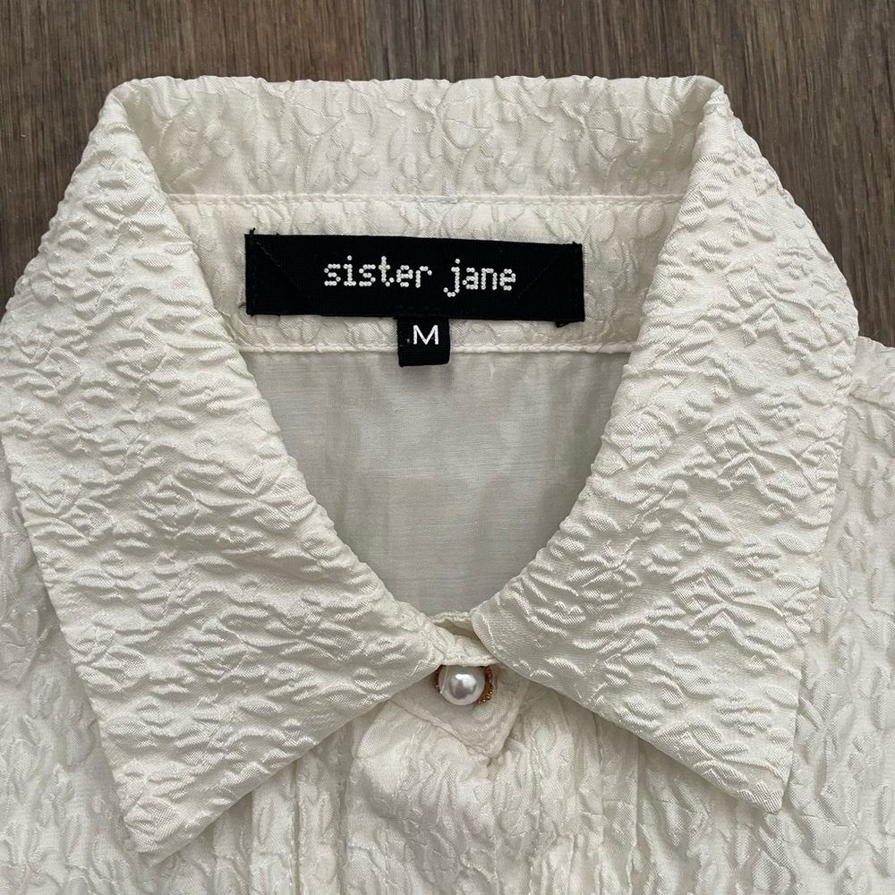 Sister Jane Ivory Textured Puff Sleeve Pearl Button Blouse Cottagecore M - Picture 3 of 6